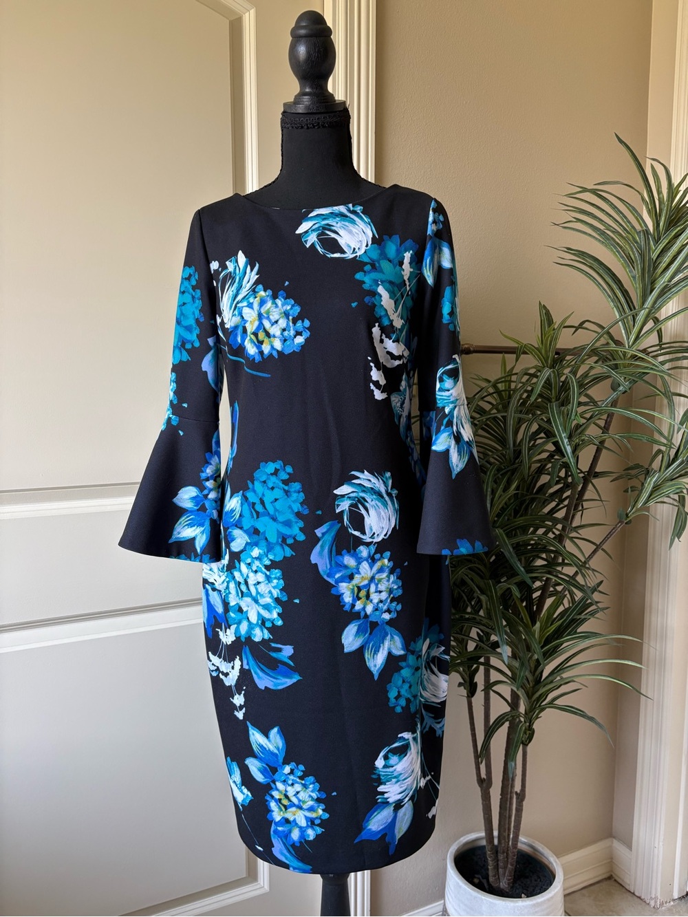 Calvin Klein Black Dress with Blue Floral Print and Bell Sleeves Size 6